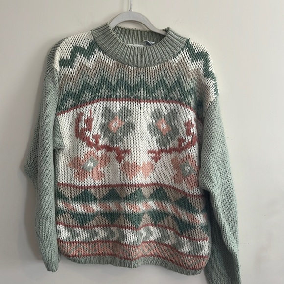 Vintage Sweaters - Vintage Hand knitted Granny Sweater Floral Green Pink Ramie Cottagecore L 80s